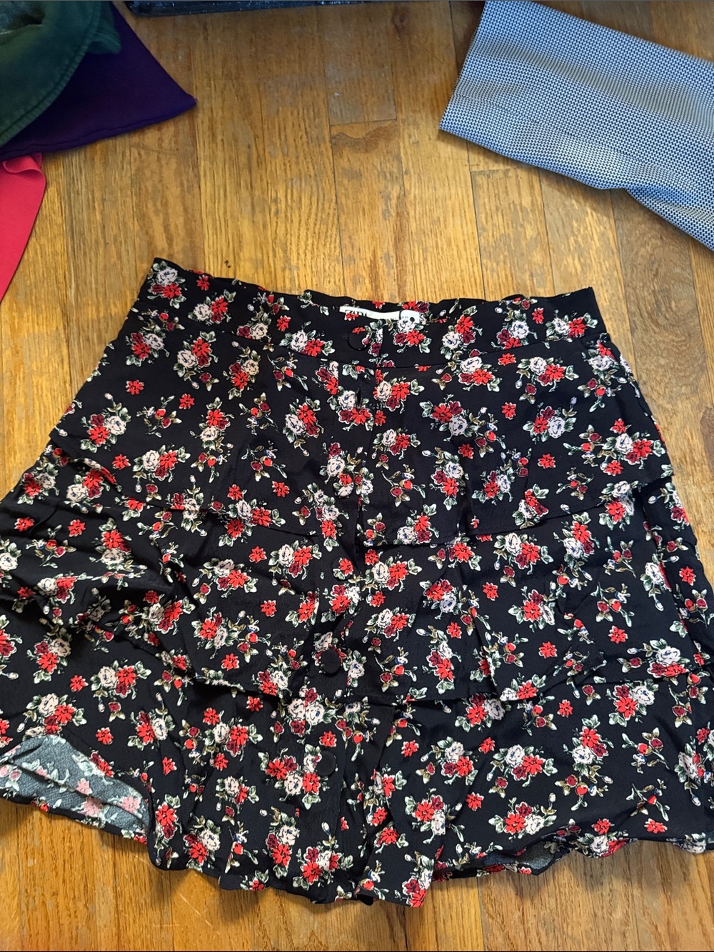 Zara Black Mini Skirt with Red & White Floral Print